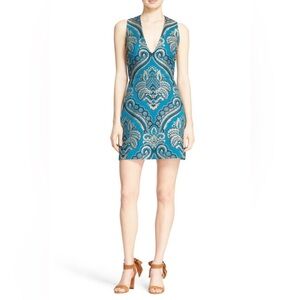 Alice + Olivia Natalee Jacquard Racerback Aline Dress Turquoise Peacock Brocade